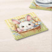 黄鮮やか色の背景のハッピーイースター スクエアペーパーコースター (アングル)