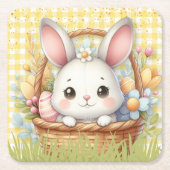 黄鮮やか色の背景のハッピーイースター スクエアペーパーコースター (正面)