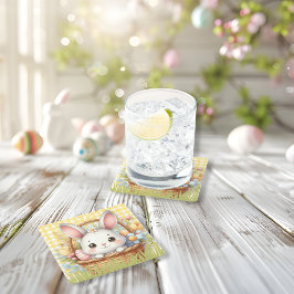 黄鮮やか色の背景のハッピーイースター スクエアペーパーコースター