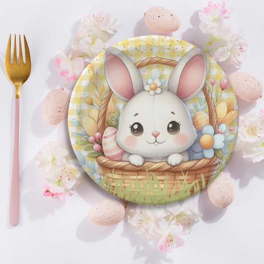 黄鮮やか色の背景のハッピーイースター ペーパープレート