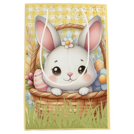 黄鮮やか色の背景のハッピーイースター ミディアムペーパーバッグ (正面)