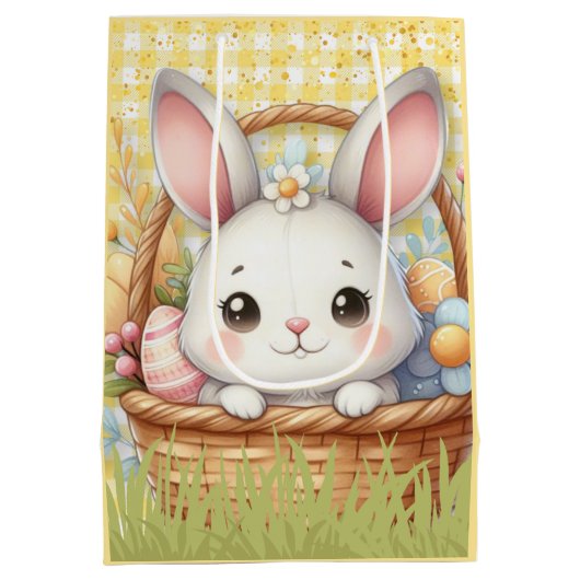 黄鮮やか色の背景のハッピーイースター ミディアムペーパーバッグ (裏面)