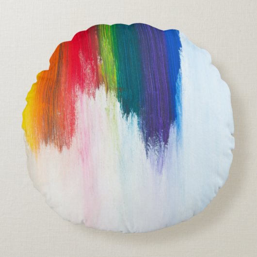 黄、オレンジ、赤、緑、青の抽象芸術痛 ラウンドクッション (正面)