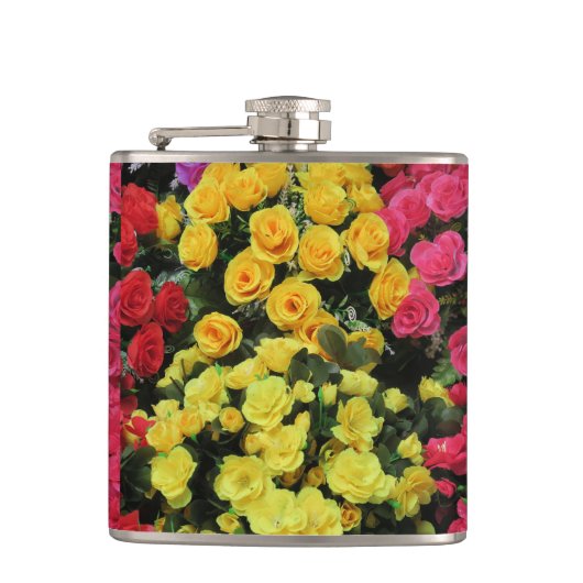 黄，シック，ヴィンテージ，赤，ピンク，バラ，花， フラスク (正面)