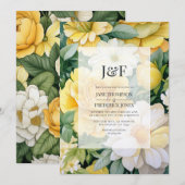 黄、白、緑のフローラ結婚モノグラム 招待状 (正面/裏面)
