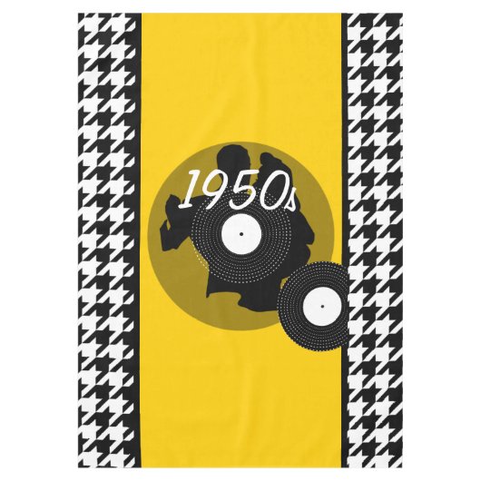 黄、黒、および白のヴィンテージ 市松模様に テーブルクロス (正面)