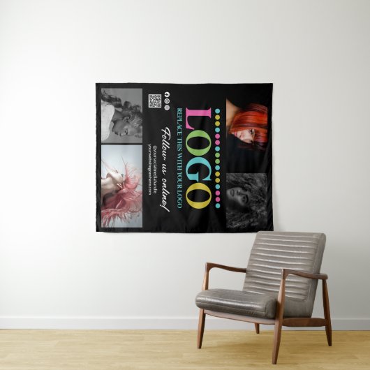 黒あなたのロゴ写真QRコードソーシャルメディアのプロモーション タペストリー (インサイチュ(横))