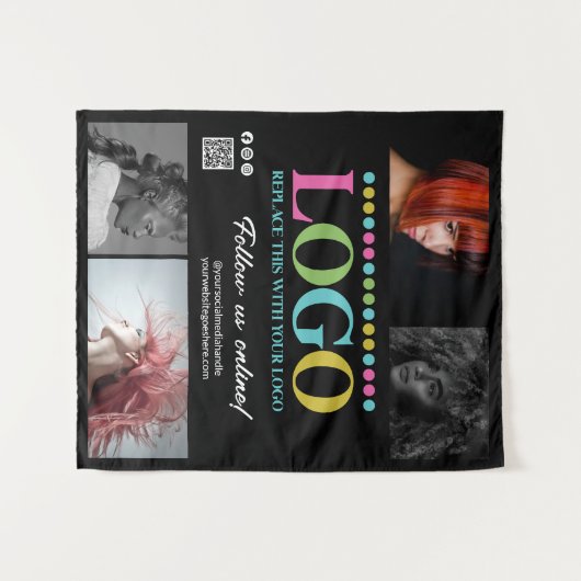 黒あなたのロゴ写真QRコードソーシャルメディアのプロモーション タペストリー (正面(横))