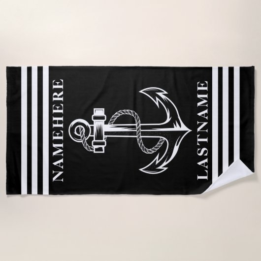 黒いいかりとストライプ名前をカスタムするまたは文字 ビーチタオル (正面)