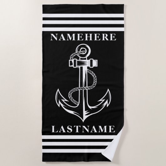 黒いいかりとストライプ名前をカスタムするまたは文字 ビーチタオル (正面)