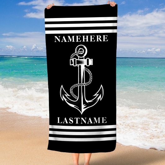 黒いいかりとストライプ名前をカスタムするまたは文字 ビーチタオル