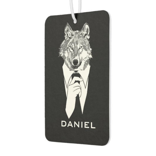 黒いおもしろいタキシードのヒップスター・ウルフパーソナライズされた カーエアーフレッシュナー (左)