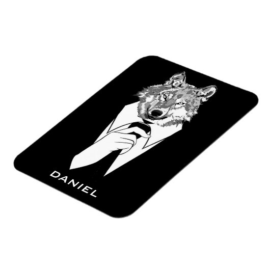 黒いおもしろいタキシードのヒップスター・ウルフパーソナライズされた マグネット (左側)