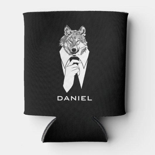 黒いおもしろいタキシードのヒップスター・ウルフパーソナライズされた 缶クーラー (正面)