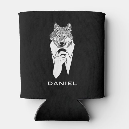 黒いおもしろいタキシードのヒップスター・ウルフパーソナライズされた 缶クーラー (裏面)