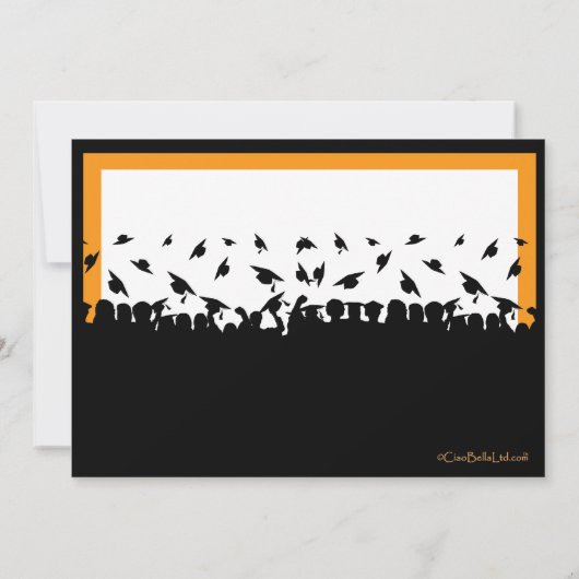 黒いおよびオレンジシルエットの卒業パーティー 招待状 (裏面)