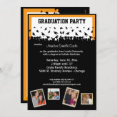 黒いおよびオレンジシルエットの卒業パーティー 招待状 (正面/裏面)