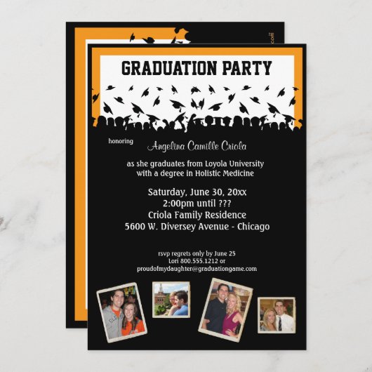黒いおよびオレンジシルエットの卒業パーティー 招待状 (正面/裏面)