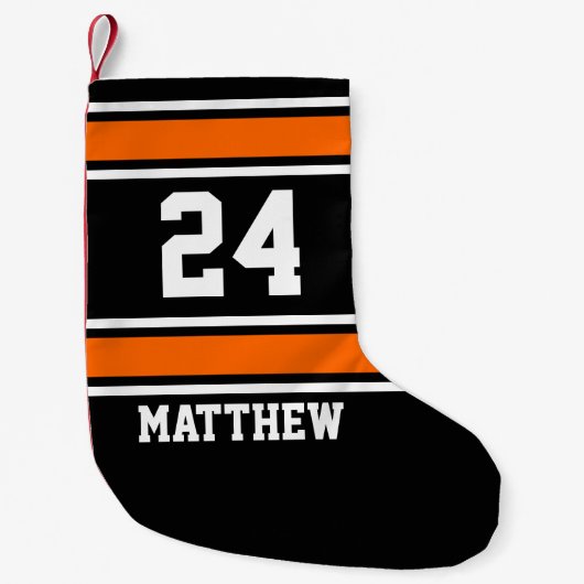 黒いおよびオレンジスポーティなテーマ スモールクリスマスストッキング (正面)