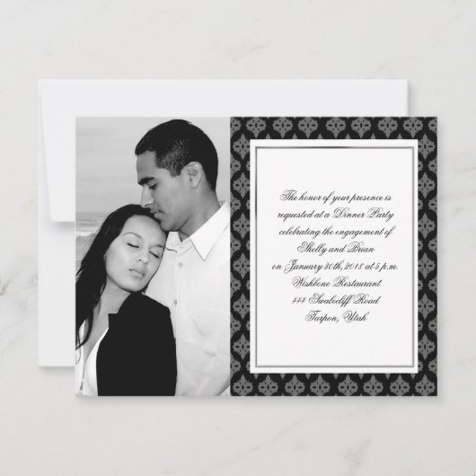 黒いおよび灰色のダイヤモンドのダマスク織の結婚式の婚約 招待状 (正面)