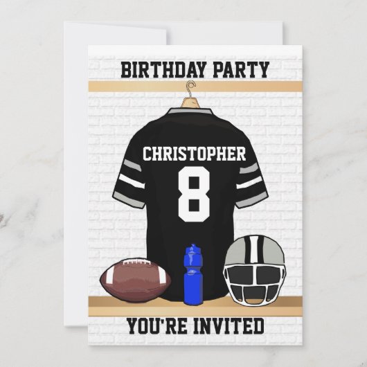 黒いおよび灰色のフットボールのジャージーの誕生会 招待状 (正面)