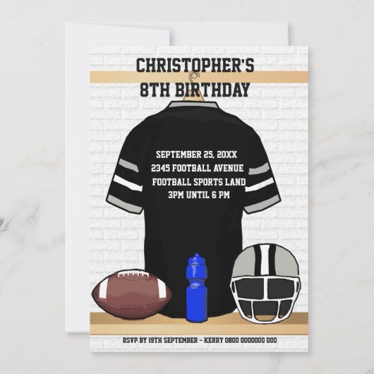 黒いおよび灰色のフットボールのジャージーの誕生会 招待状 (裏面)