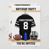 黒いおよび灰色のフットボールのジャージーの誕生会 招待状 (正面/裏面)