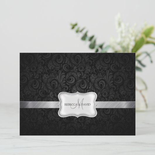 黒いおよび灰色の花のダマスク織の結婚式の招待 招待状 (スタンド正面)