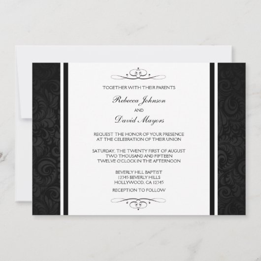 黒いおよび灰色の花のダマスク織の結婚式の招待 招待状 (裏面)