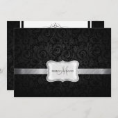 黒いおよび灰色の花のダマスク織の結婚式の招待 招待状 (正面/裏面)