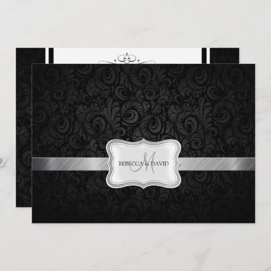 黒いおよび灰色の花のダマスク織の結婚式の招待 招待状 (正面/裏面)