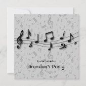 黒いおよび灰色音楽ノートのパーティー 招待状 (正面)