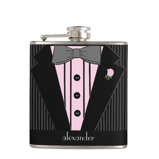 黒いおよび灰色Pinのストライプなタキシード結婚式 フラスク (正面)