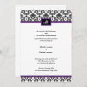 黒いおよび紫色のダマスク織のモノグラムの結婚式の招待 招待状 (正面/裏面)