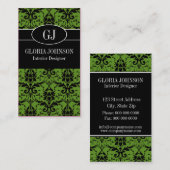 黒いおよび緑のダマスク織のモノグラムの名刺 名刺 (正面/裏面)