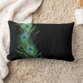 黒いおよび緑の孔雀の羽 ランバークッション (ブランケット)