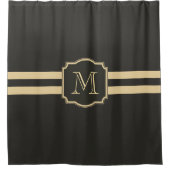 黒いおよび金モノグラム シャワーカーテン (正面)