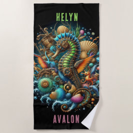 黒いお洒落上の美しいスチームパンクシーホース ビーチタオル