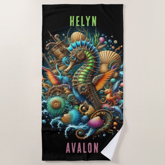 黒いお洒落上の美しいスチームパンクシーホース ビーチタオル (正面)