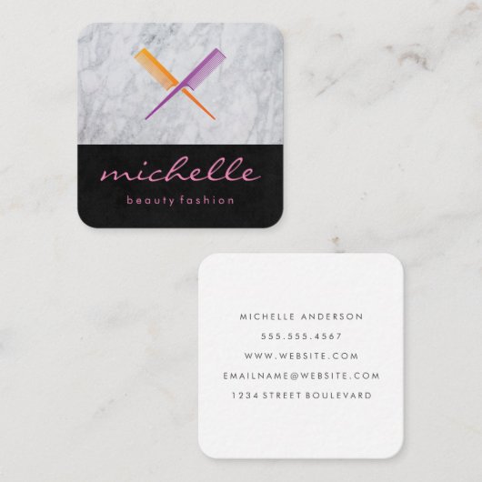 黒いお洒落十字コームと大理石 スクエア名刺 (正面/裏面)