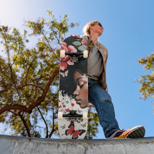 黒いお洒落女の子とバラと蝶 スケートボード (室外1)