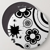 黒いお洒落花、円、(ばちゃばちゃ)跳ねる模様 缶バッジ (正面&裏面)