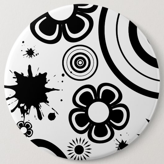 黒いお洒落花、円、(ばちゃばちゃ)跳ねる模様 缶バッジ (正面)