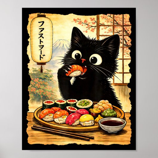 黒いかわいい猫が寿司を食べる日本の可愛い食べ物 ポスター (正面)
