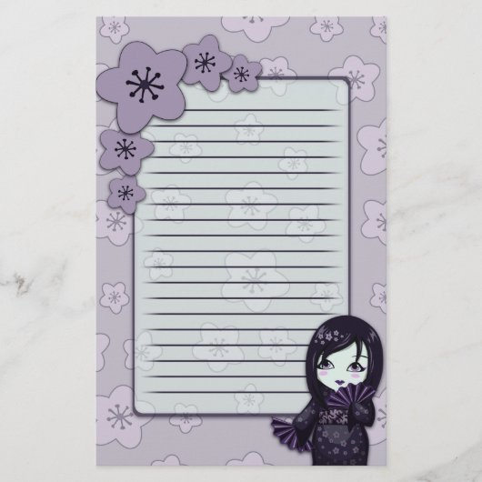 黒いかわいい芸者および並ぶ紫色の桜 便箋 (正面)