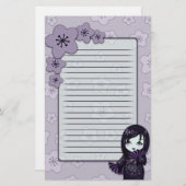 黒いかわいい芸者および並ぶ紫色の桜 便箋 (正面/裏面)