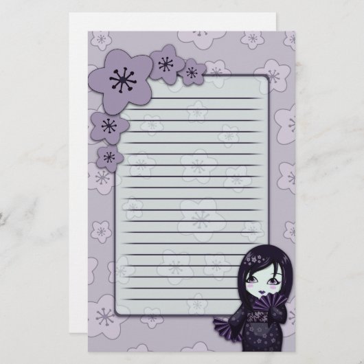 黒いかわいい芸者および並ぶ紫色の桜 便箋 (正面/裏面)