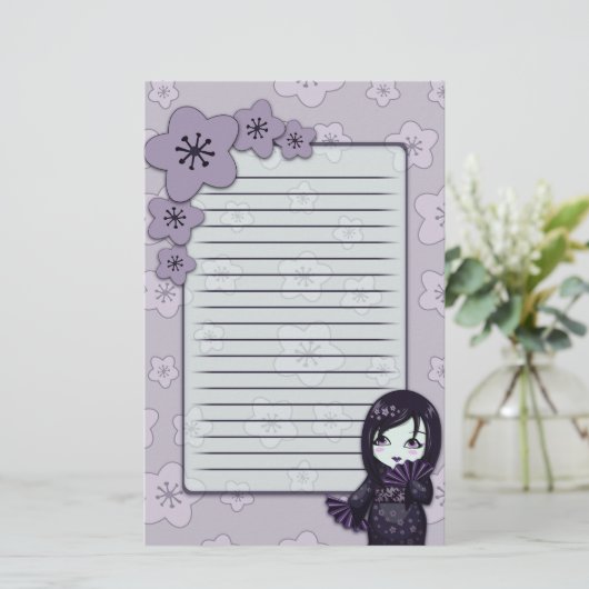 黒いかわいい芸者および並ぶ紫色の桜 便箋 (スタンド正面)