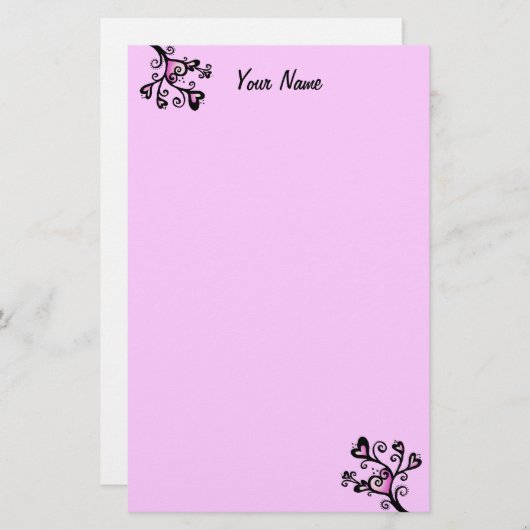 黒いかわいらしスクロールされた枝のドット上のピンクのハート 便箋 (正面/裏面)