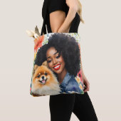 黒いかわいらし女の子とポメラニア犬フローラアート トートバッグ (クローズアップ)